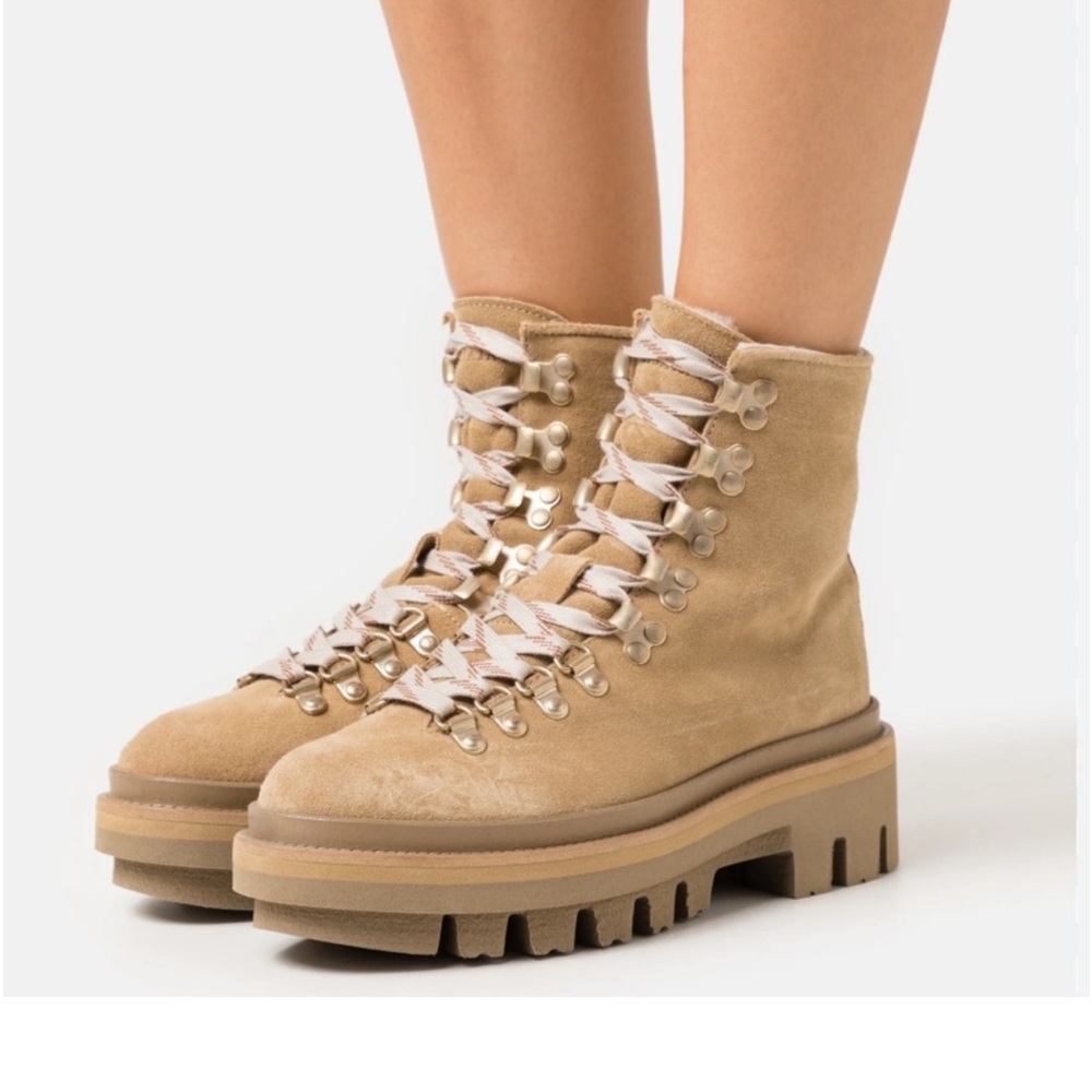 ALLSAINTS WOMENS LUG SOLE COMBAT BOOTS SUEDE/SHEARLING LINED SAND  SIZE 10 NWOT